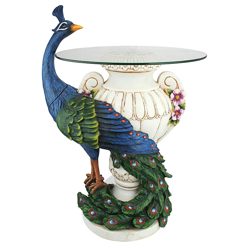 25" Staverden Castle Peacock Sculptural Glass-Topped Table