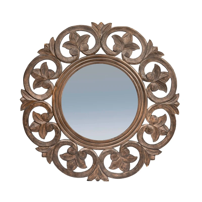 Hello Honey® Walnut Round Carved Botanical Framed Wall Mirror