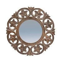 Hello Honey® Walnut Round Carved Botanical Framed Wall Mirror