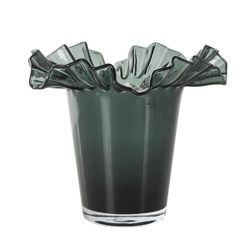 Green Glass Floral Tulip Inspired Ombre Vase with Wavy Opening