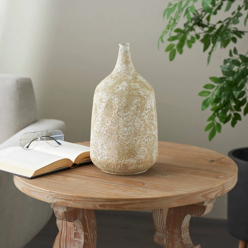 15" Rustic Beige Antique-Style Metal Vase