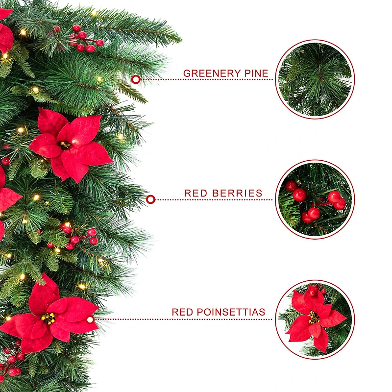 Glitzhome® 3ft. Pre-Lit Pine, Poinsettia & Berries Christmas Teardrop Swag