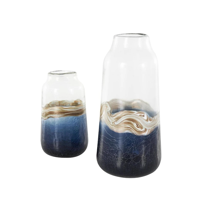 Dark Blue Glass Abstract Textured Swirl Decorative Vase Set with Gold & Cream Accents