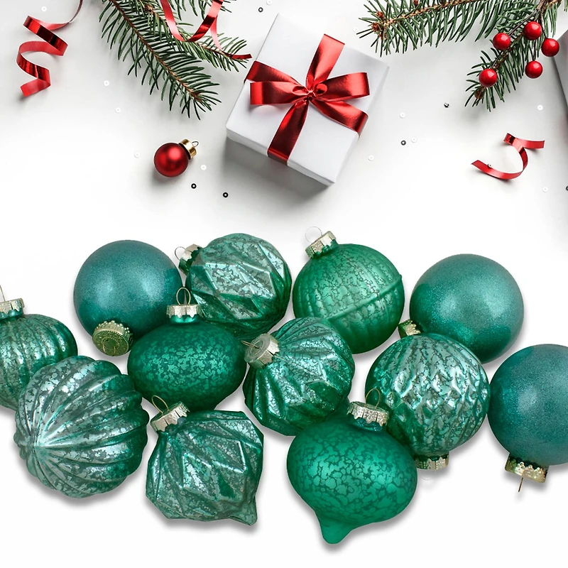 12ct. 3" Glitter & Matte Green Finial & Glass Ball Christmas Ornaments