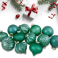 12ct. 3" Glitter & Matte Green Finial & Glass Ball Christmas Ornaments