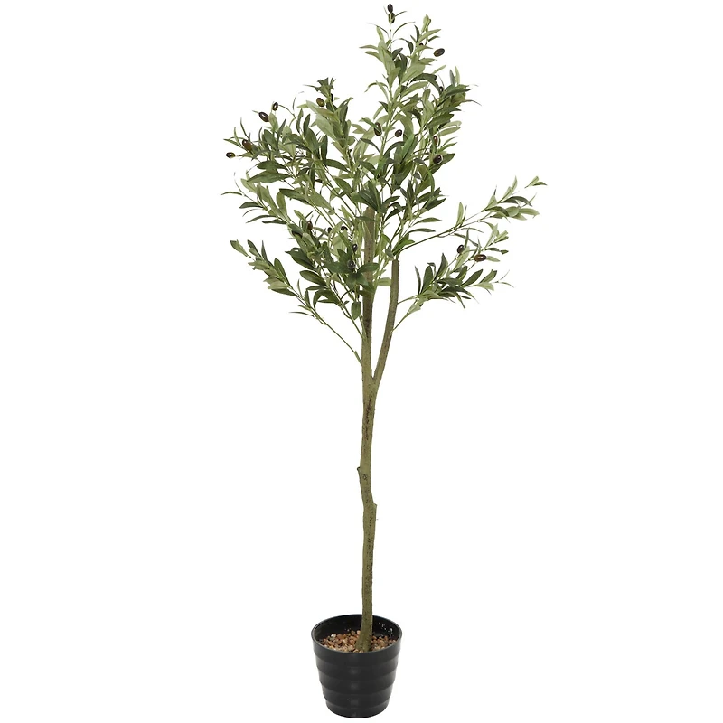 59" Green Plastic Olive Artificial Tree With Black Melamine Pot