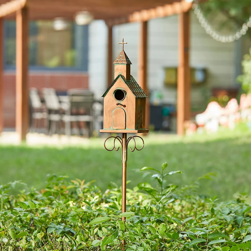 Glitzhome® 4ft. Faux Copper Distressed Metal Church Birdhouse with Stake