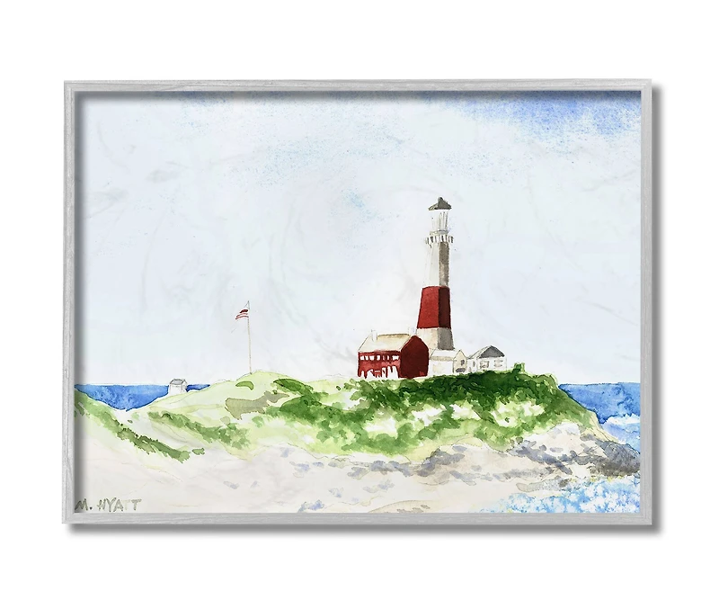 Stupell Industries Red Striped Lighthouse on Coastal Cliff in Gray Frame Wall Art