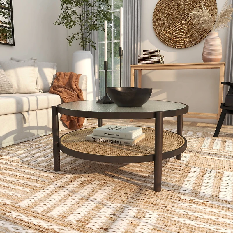 34" Brown Rattan Coffee Table with Pressed Tempered Glass Top