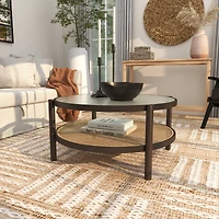 34" Brown Rattan Coffee Table with Pressed Tempered Glass Top