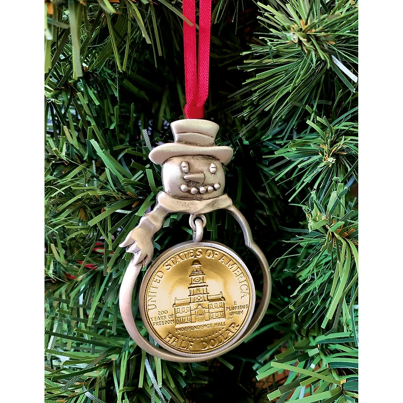 Gold Plated Bicentennial JFK Half Dollar Snowman Ornament
