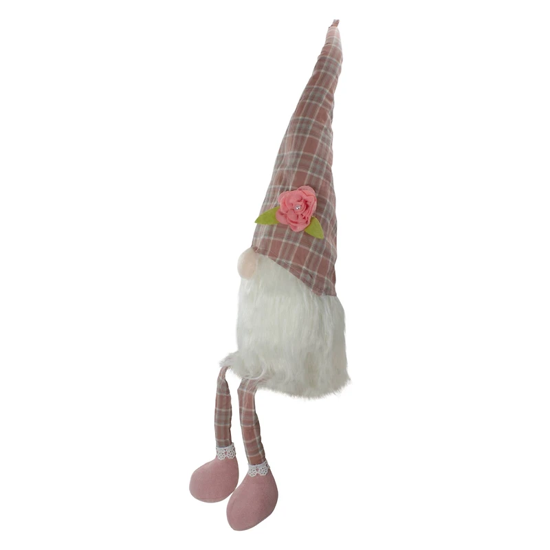 29" Pink & White Plaid Spring Gnome with Dangling Legs Figure
