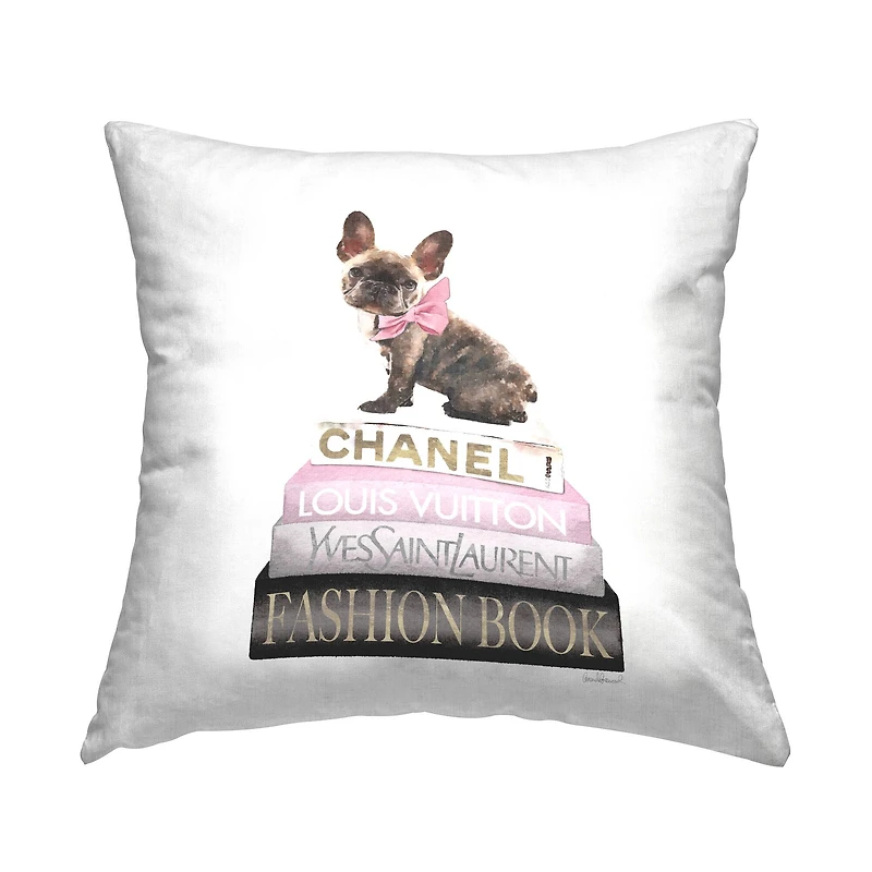 Stupell Industries Pink Bow Dog Gold Black Bookstack Glam Fashion Throw Pillow 18" x 18"