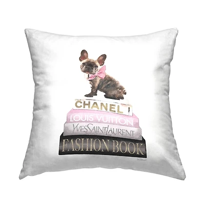 Stupell Industries Pink Bow Dog Gold Black Bookstack Glam Fashion Throw Pillow 18" x 18"
