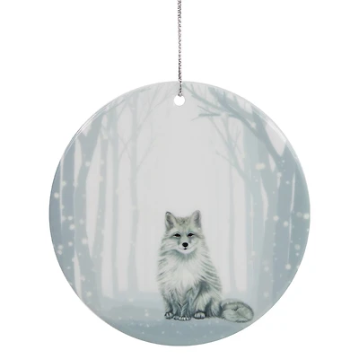 White & Silver Porcelain Arctic Fox Disc Ornament