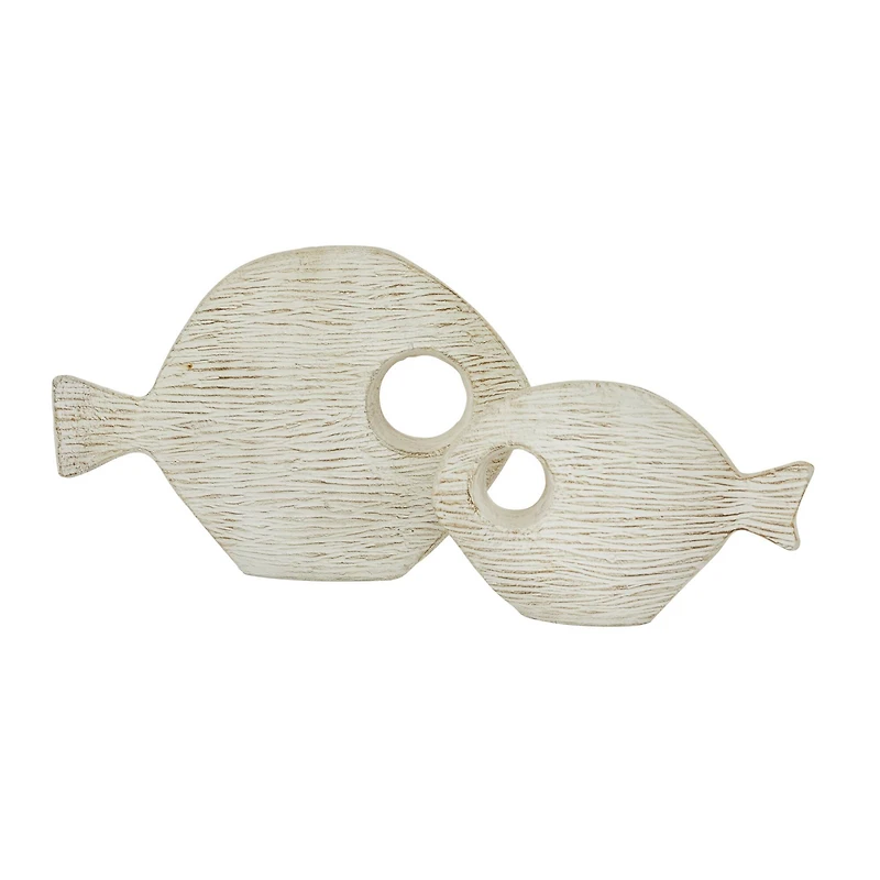Set of 2 White Ceramic Coastal Fish Sculpture, 13", 9"