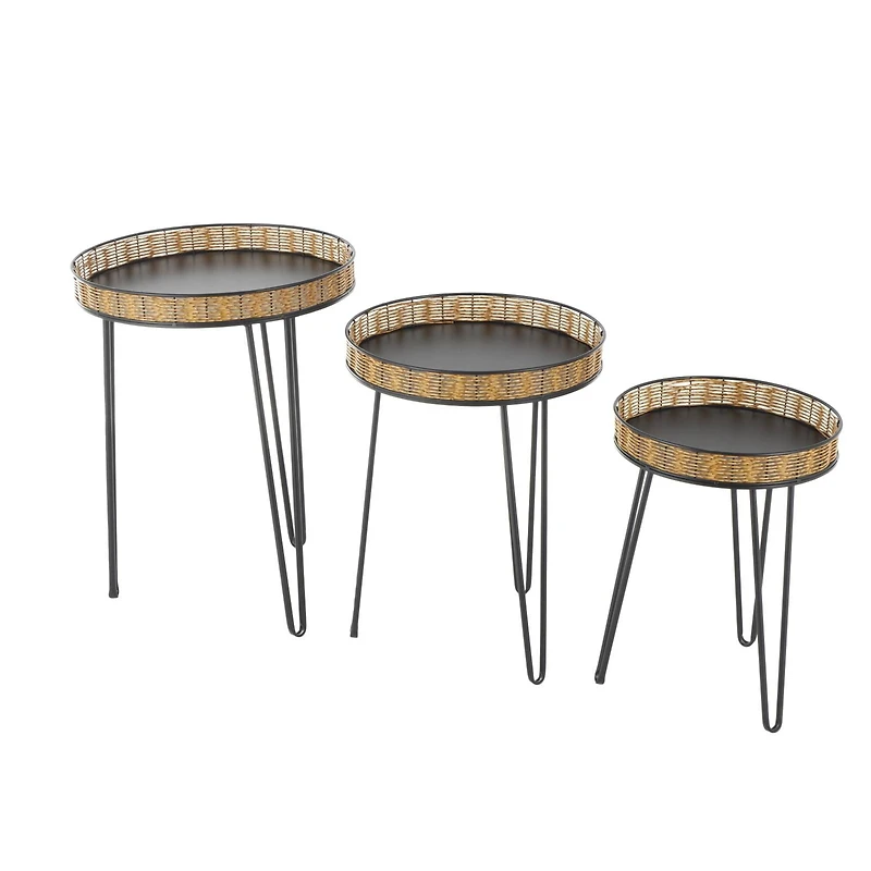 Black Metal Handmade Accent Table with Rattan Tabletop Set