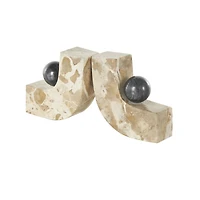5" Brown Marble Arched Curved Bookends with Black Orbs, 2ct
