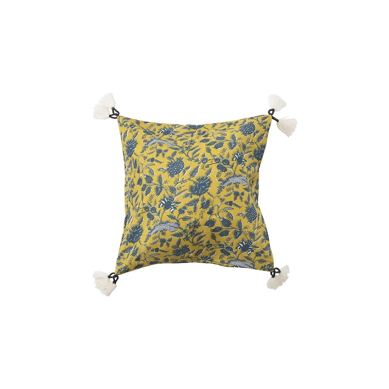 Hello Honey® Chartreuse & Blue Floral Pattern Cotton Pillow with Yarn-Wrapped Tassels