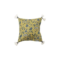 Hello Honey® Chartreuse & Blue Floral Pattern Cotton Pillow with Yarn-Wrapped Tassels