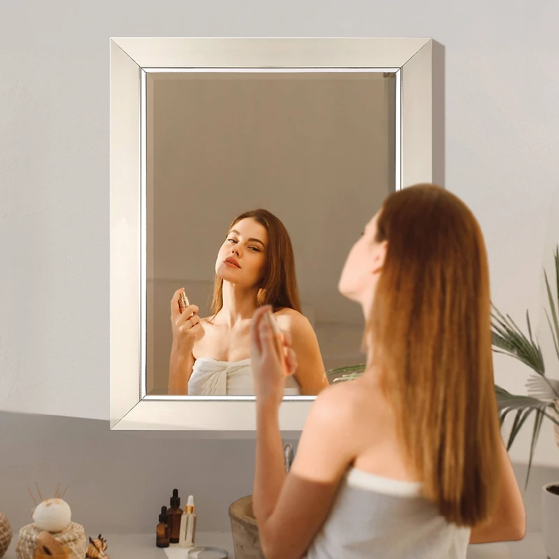 Head West Brushed Nickel With Chrome Inner Lip Beveled 27.5" x 33.5" Framed Accent Vanity Mirror