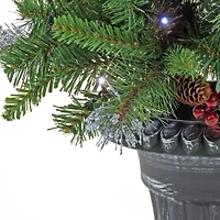 24" Pre-Lit Crestwood® Spruce Porch Bush in Silver Brushed Plastic Urn, Twinkly™ LED Lights