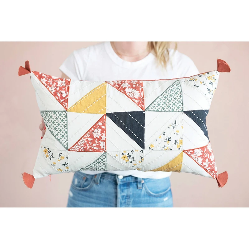 Patchwork Quilted Cotton Lumbar Pillow with Kantha Stitch & Tassels