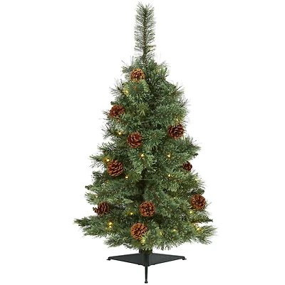 3ft. Pre-Lit White Mountain Pine & Pinecones Artificial Christmas Tree with Clear LED Lights