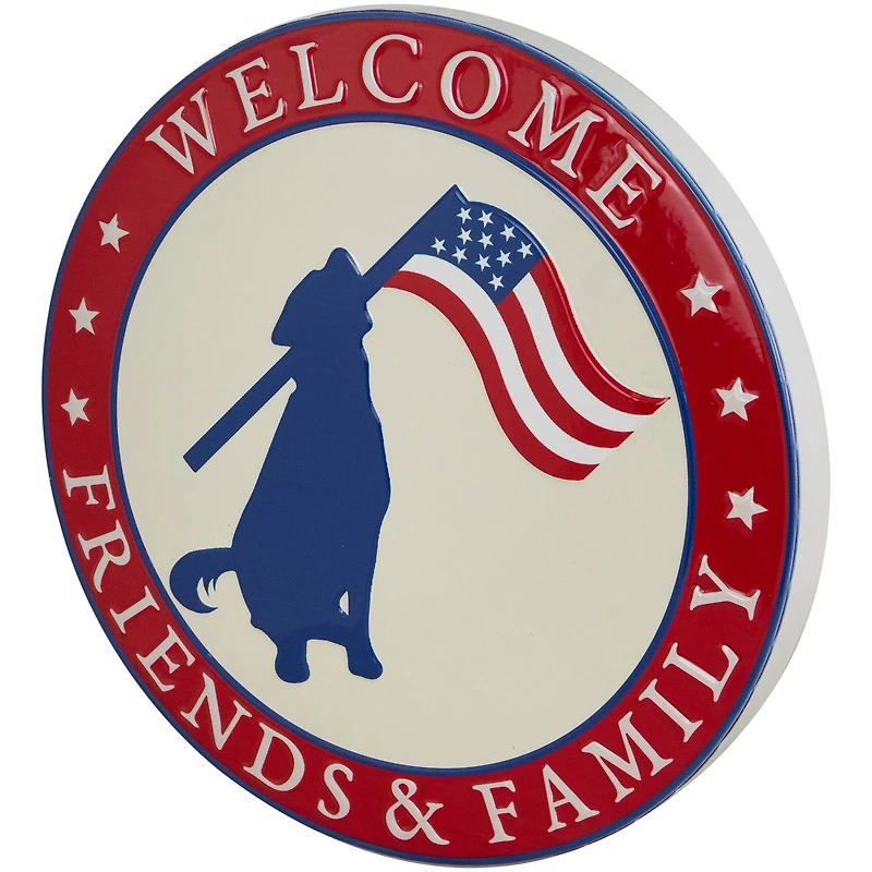 13.75" Welcome Friends & Family Patriotic Dog Metal Wall Sign