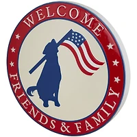 13.75" Welcome Friends & Family Patriotic Dog Metal Wall Sign