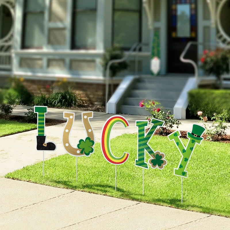 Glitzhome® Set of 5 St. Patrick's Metal "Lucky" Yard Stake