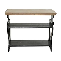 Black Wood Scroll Side Frames 2 Shelves Console Table with Brown Wood Top 38" x 15" x 32"