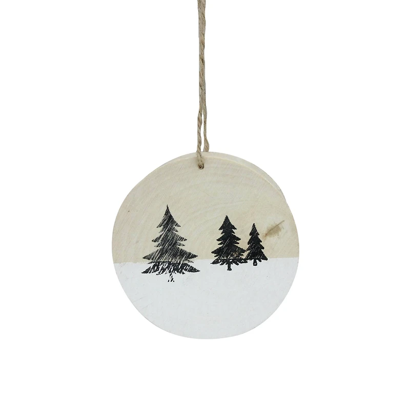 4" Winter Pine Trees on Wood Disc Christmas Ornament