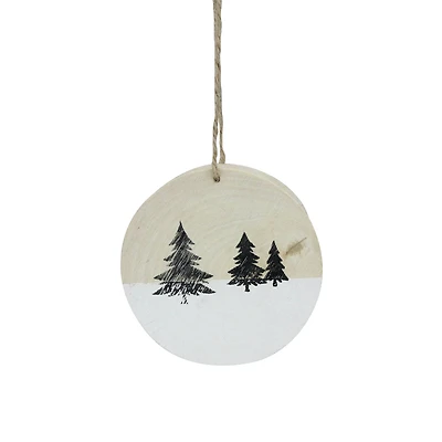 4" Winter Pine Trees on Wood Disc Christmas Ornament