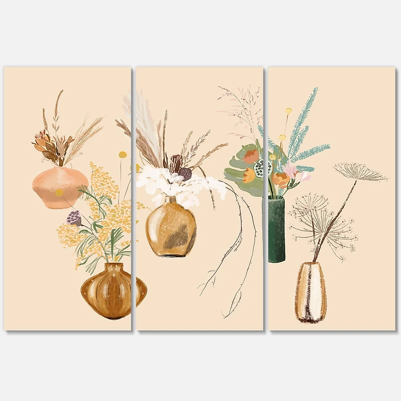 Designart - Bouquets Of Wildflowers In Gold Vases III