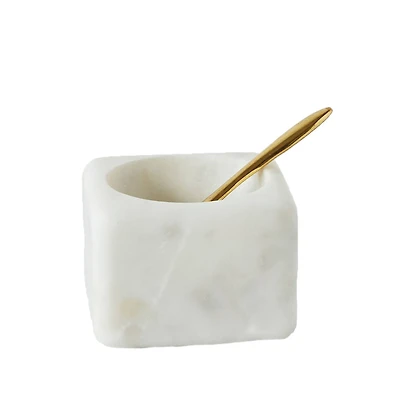 Hello Honey® Square White Marble Bowl & Brass Spoon Set