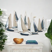 Blue Metal Sail Boat Wall Décor with Gold Wire Accents and Shimmer Details