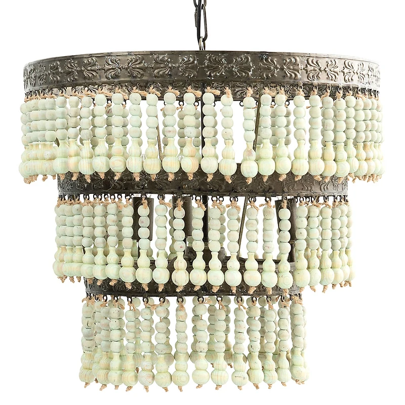 Hello Honey® 21.3" 3-Tier Round Metal Chandelier With 3 Lights & Hanging Wood Beads