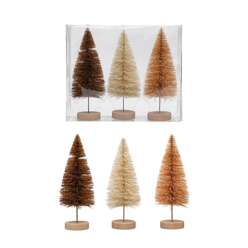 Hello Honey® 5.5" Brown, Tan & Cream Sisal Bottle Brush Tree Set with Wood Bases