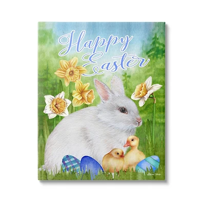 Stupell Industries Happy Easter Spring Bunny Rabbit Phrase Baby Chicks Canvas Wall Art