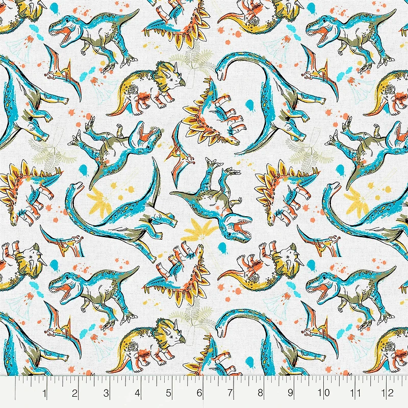 Fabric Editions White Dino Toss Cotton Fabric