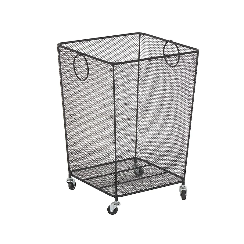 24" Black Metal Square Mesh Wire Rolling Laundry Storage Cart with Ring Handles