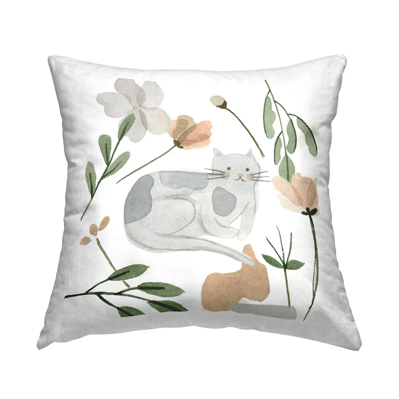 Stupell Industries Cozy Gray Cat Flower Petal Botanicals Throw Pillow, 18" x 18"