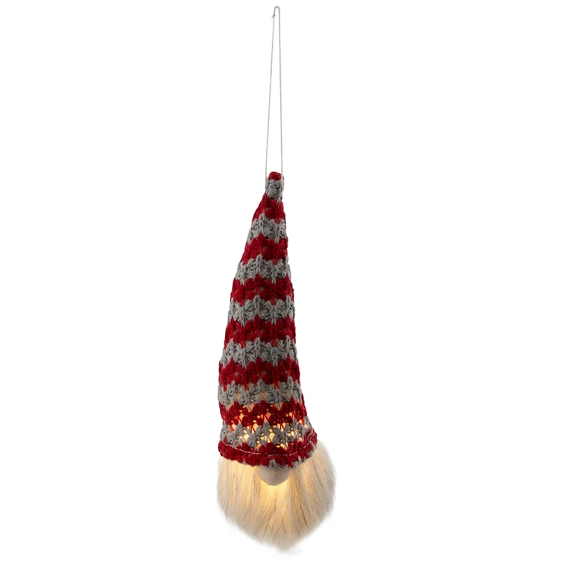 8" Red & Gray Knit Gnome Head LED Ornament