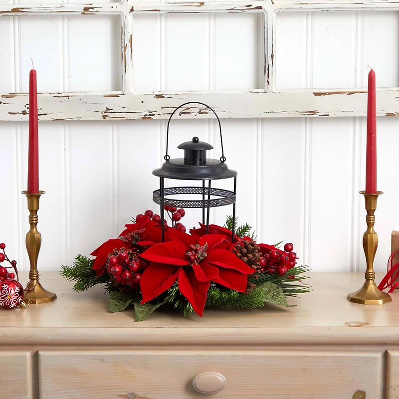 13" Poinsettia, Berry & Pine Artificial Arrangement Candelabrum