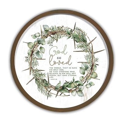 For God So Loved Round Brown Framed Print