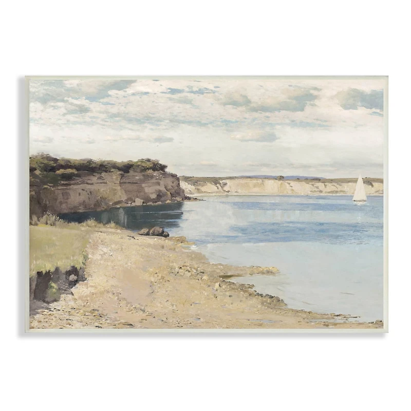 Stupell Industries Still Morning Oceanside Cliffs and a Sailboat Painting Wood Wall Plaque
