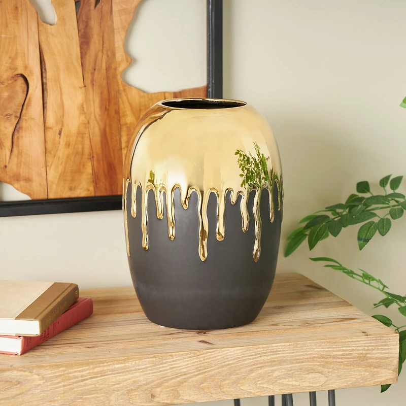 CosmoLiving by Cosmopolitan 13" Ceramic Vase with Abstract Gold Melting Drips