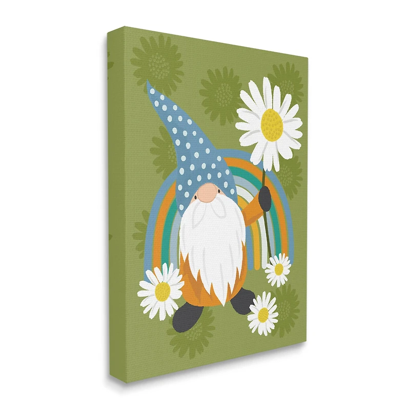 Stupell Industries Daisy Garden Gnome Blue Rainbow Floral Pattern Canvas Wall Art