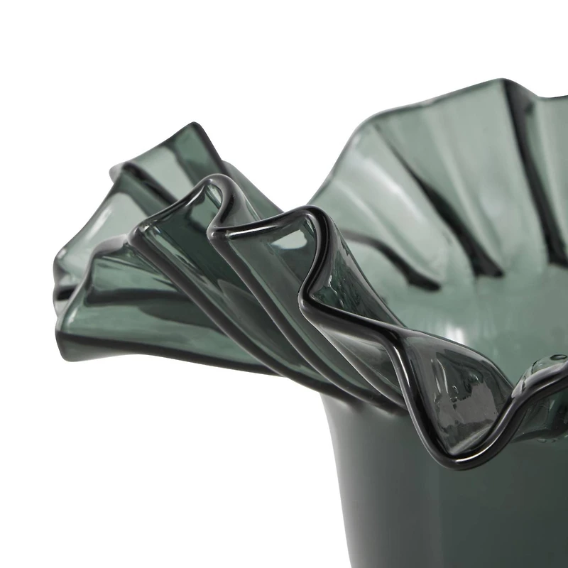 Green Glass Floral Tulip Inspired Ombre Vase with Wavy Opening